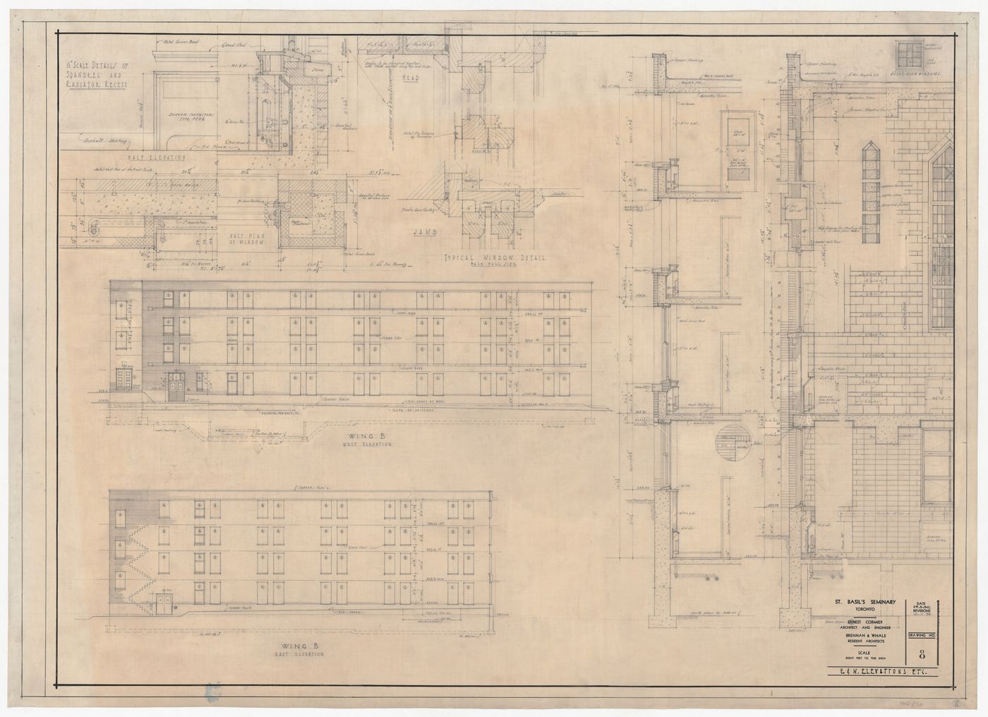 Élévations et détails pour Saint-Basil's Seminary, Toronto, Ontario