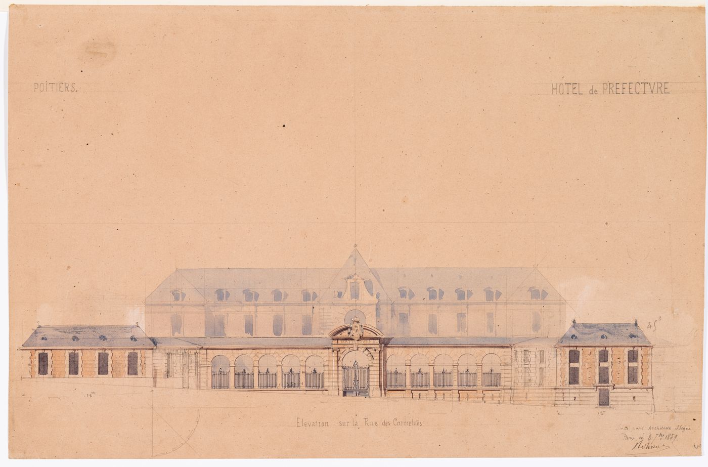 Project for a Hôtel de préfecture, Poitiers: Front elevation, rue des Carmelites