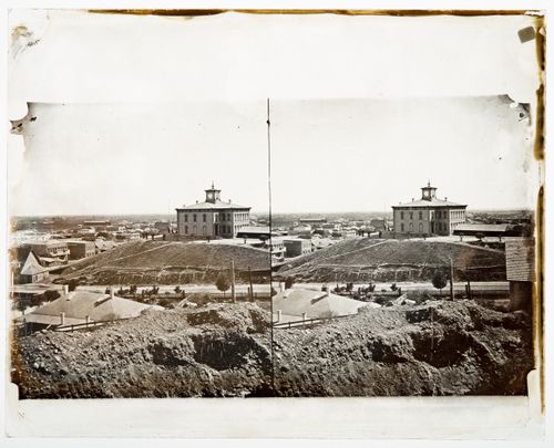Stereograph of First Los Angeles High School, on Pound Hill (now Fort Moore Hill), Los Angeles, Califonia, United States of America  (relocated 1887)