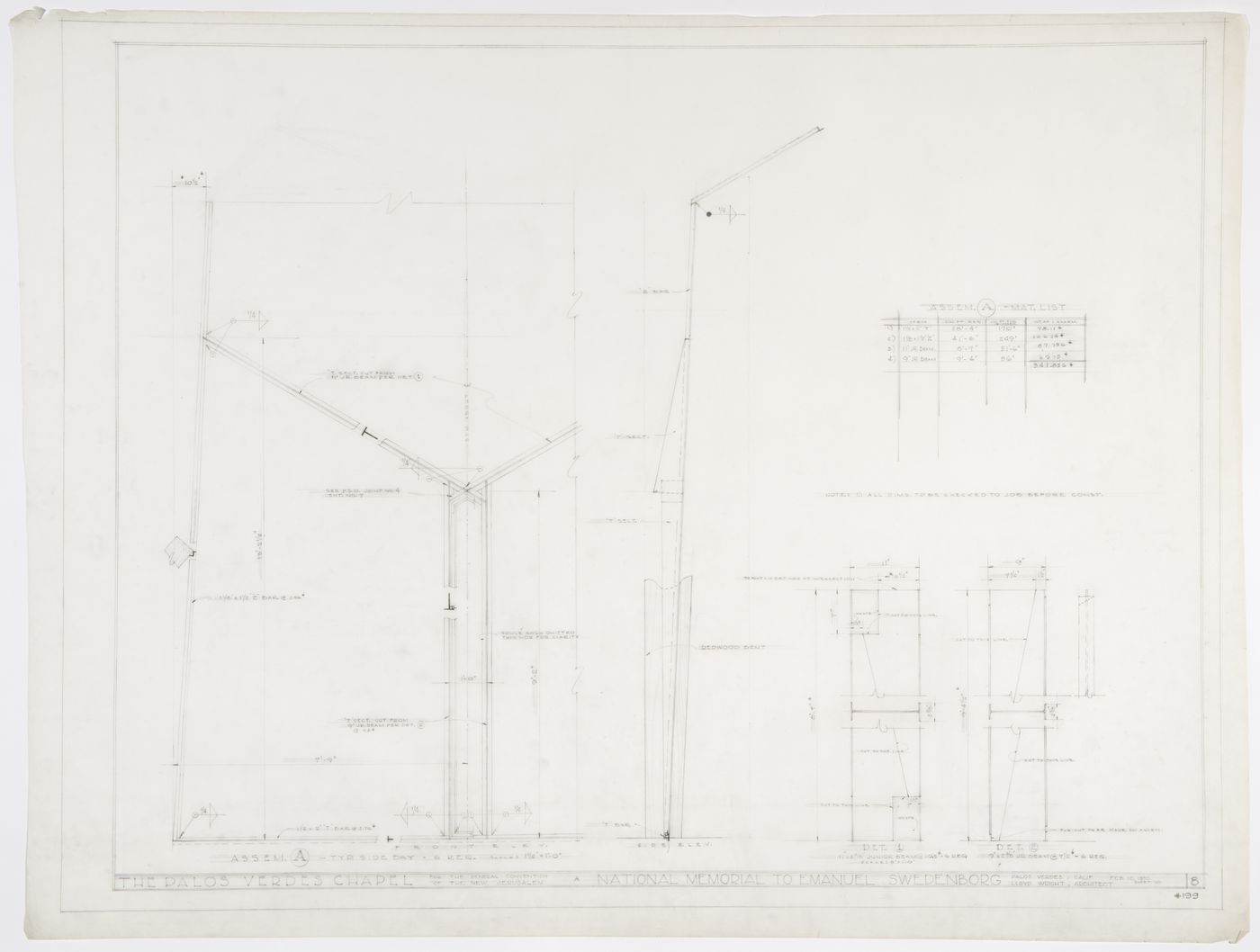 Wayfarers' Chapel, Palos Verdes, California: Elevations, details and list of materials for the assembly of a typical chapel side bay