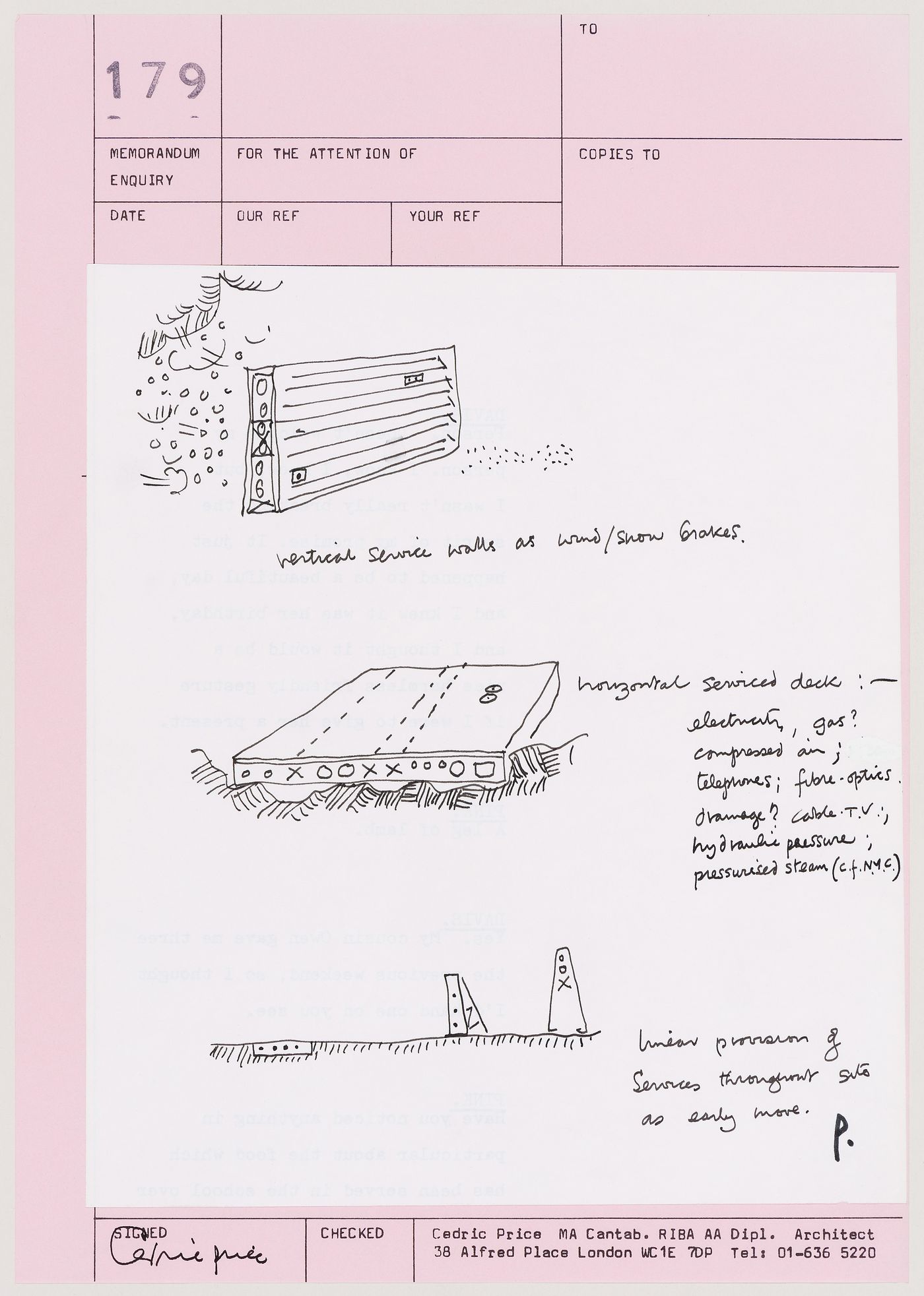 Ski: sketches of vertical service wall and horizontal serviced deck with diagram illustrating linear provision of services throughout the site