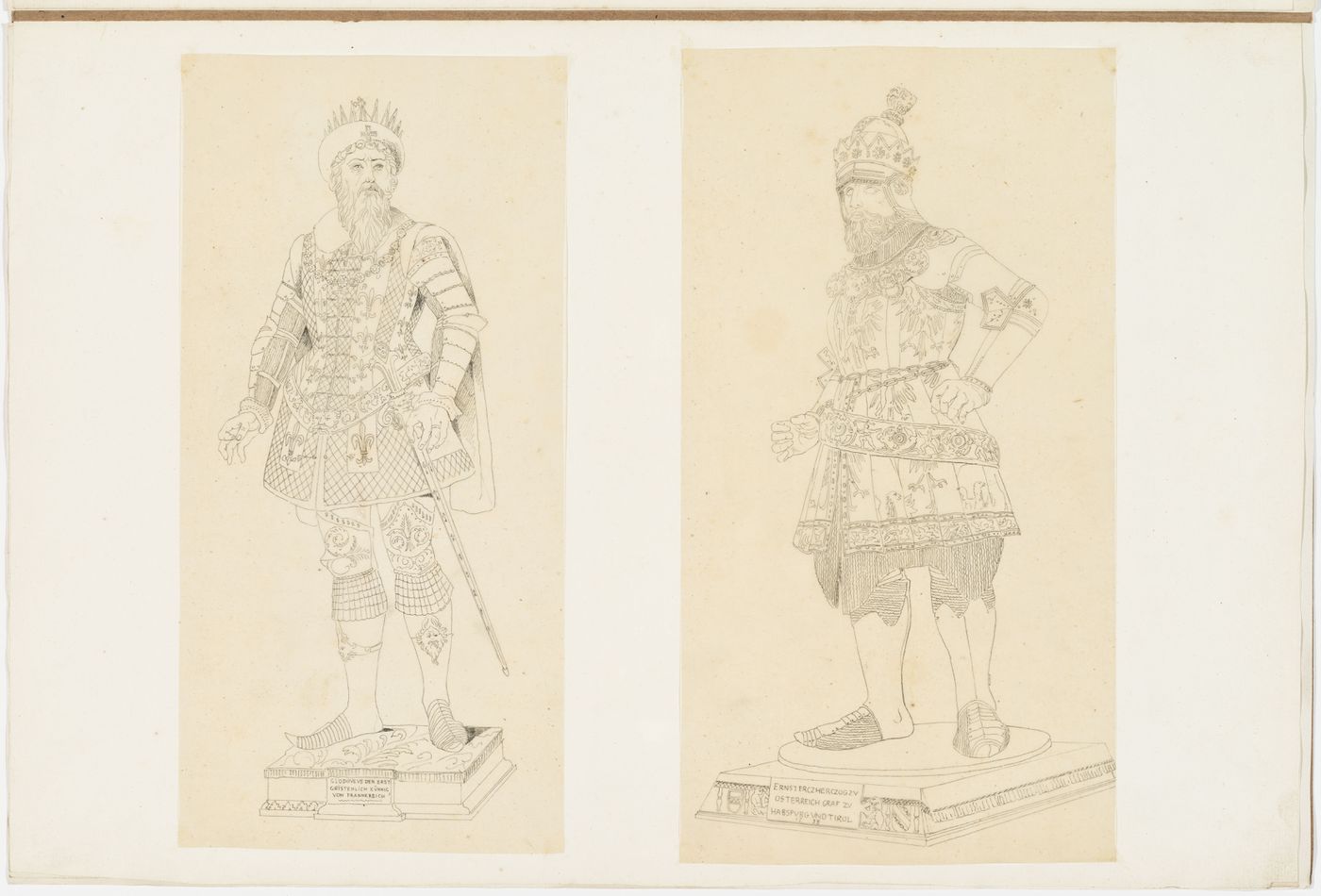 Drawings of statues of Clovis, the first Christian King of the Franks, and Ernst the Iron, Duke of Austria, Count of Habsburg and Tirol from the cenotaph of Maximilian I in the Hofkirche, Innsbruck