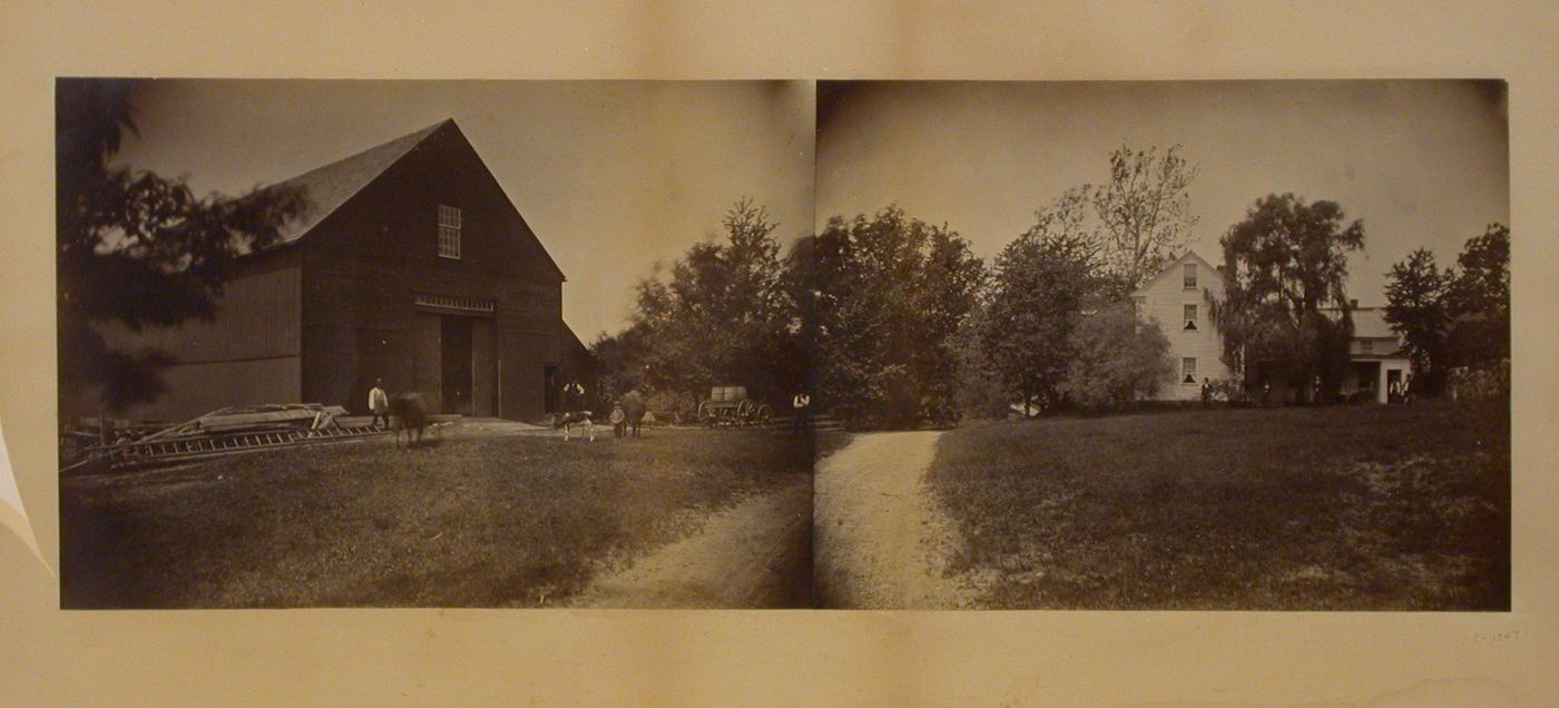 Farm house and barn, people standing outside, New England