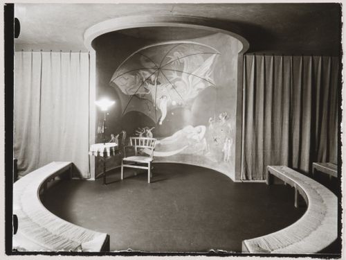Interior view of the children's storytelling room of Stockholm Public Library showing benches and the fresco designed by Nils Dardel, 51-55 Odengatan, Stockholm