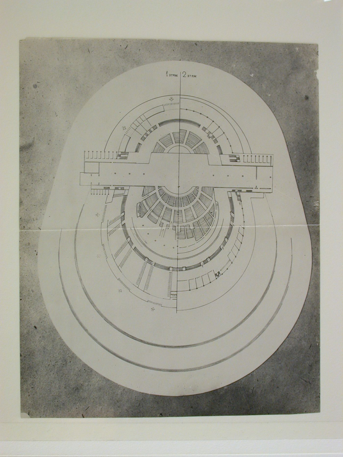 Photograph of a combined first and second floor plan for the second round of competition for a "synthetic theater" in Sverdlovsk, Soviet Union (now Ekaterinburg, Russia)