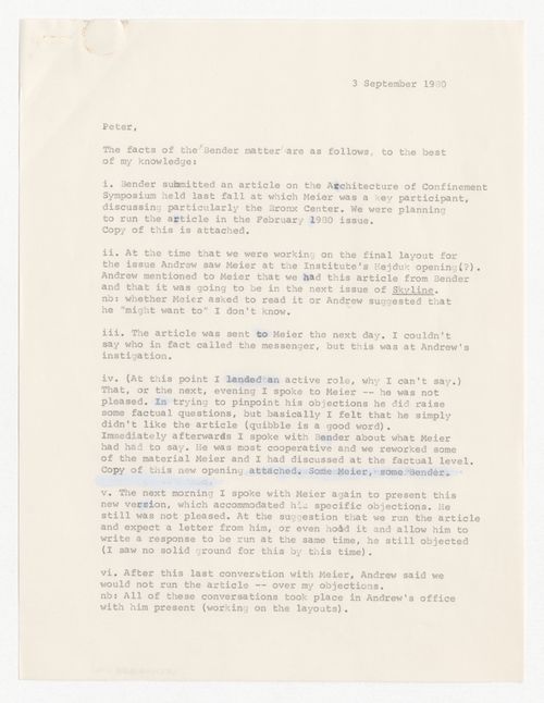 Letter from Margot Jacqz to Peter D. Eisenman about the retraction of an article by Thomas Bender from Skyline