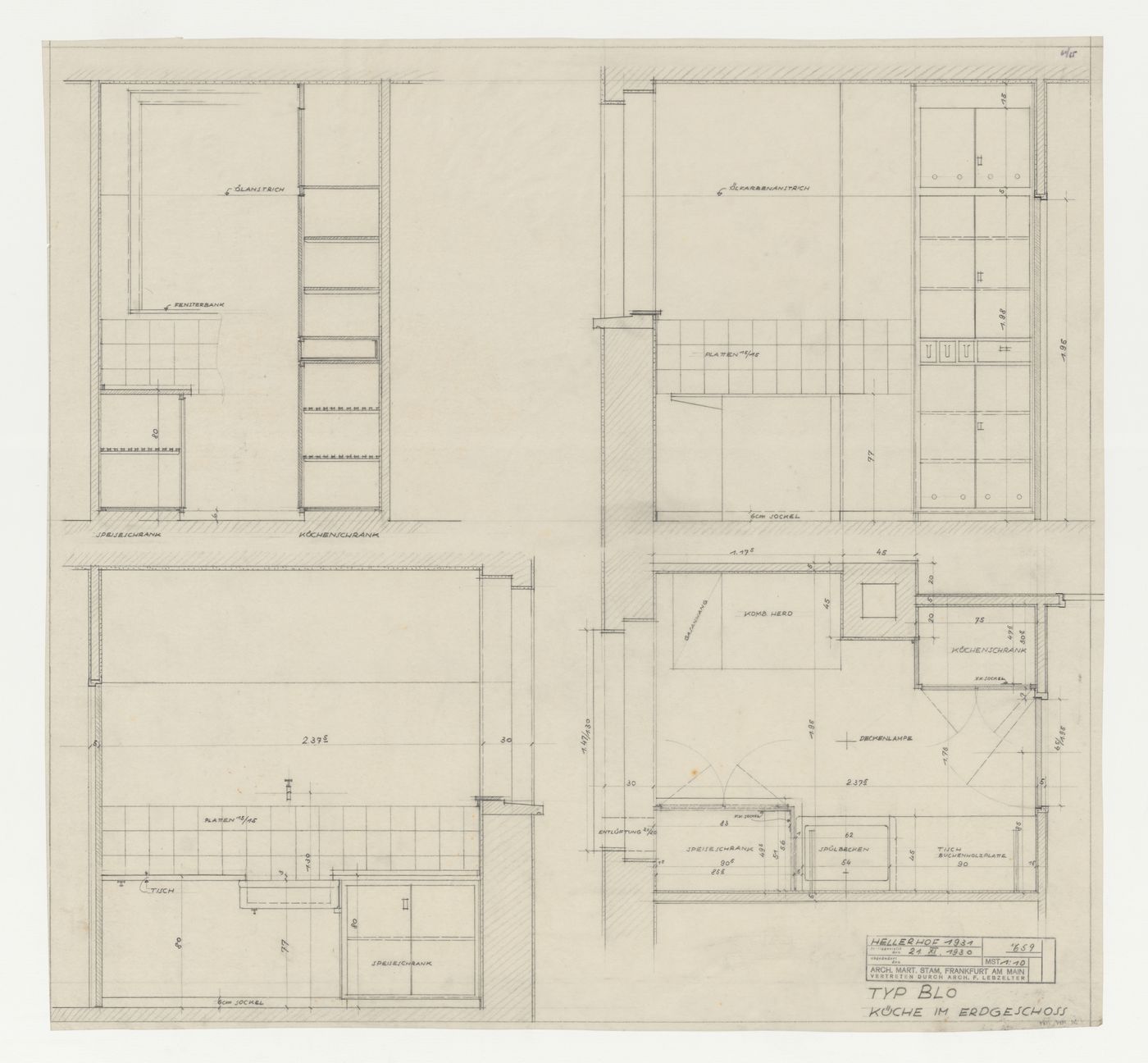 Ground floor plan and elevations for a type BLO kitchen for housing unit, Hellerhof Housing Estate, Frankfurt am Main, Germany
