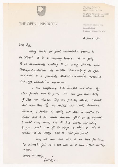 Response letter of Lionel March to Reg Gadney's letter of congratulations for his appointment as rector of the Royal College of Art in London