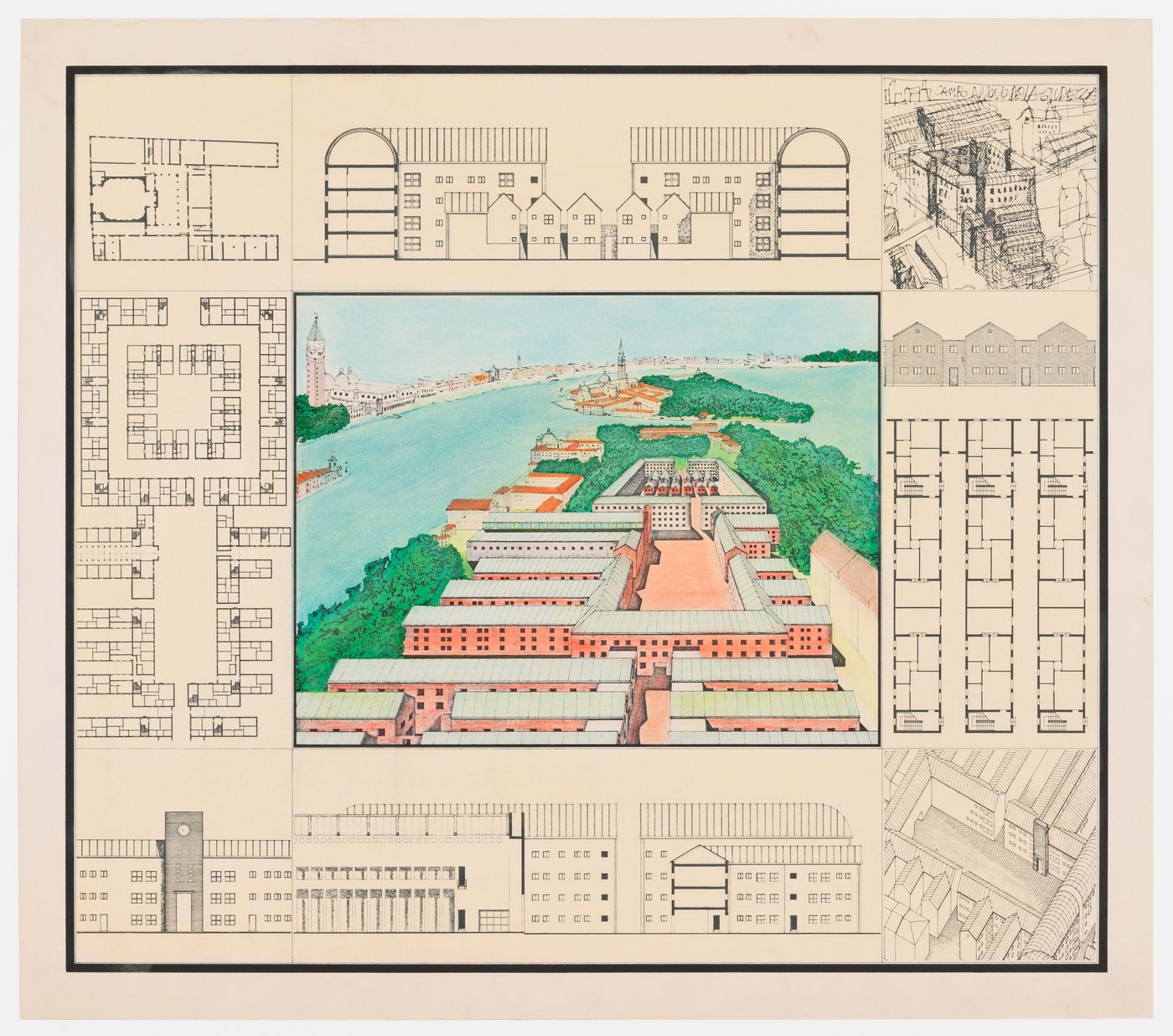 Project for redevelopment of the Campo di Marte area of La Giudecca, Venice, Italy: bird's-eye perspective surrounded by plans, elevations and perspectives