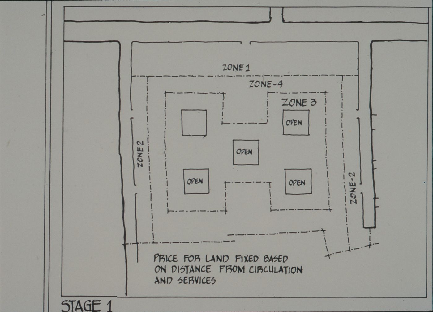 Site plan showing first stage of plot design process for the Aranya Housing Project, Indore, India