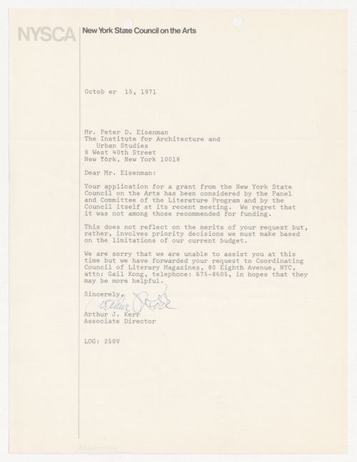 Letter from Arthur J. Kerr to Peter D. Eisenman about a grant from the New York State Council on the Arts (NYSCA)