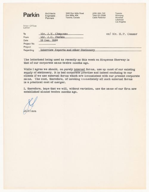 Internal memo from John C. Parkin to J.V. Chapman about office letterhead