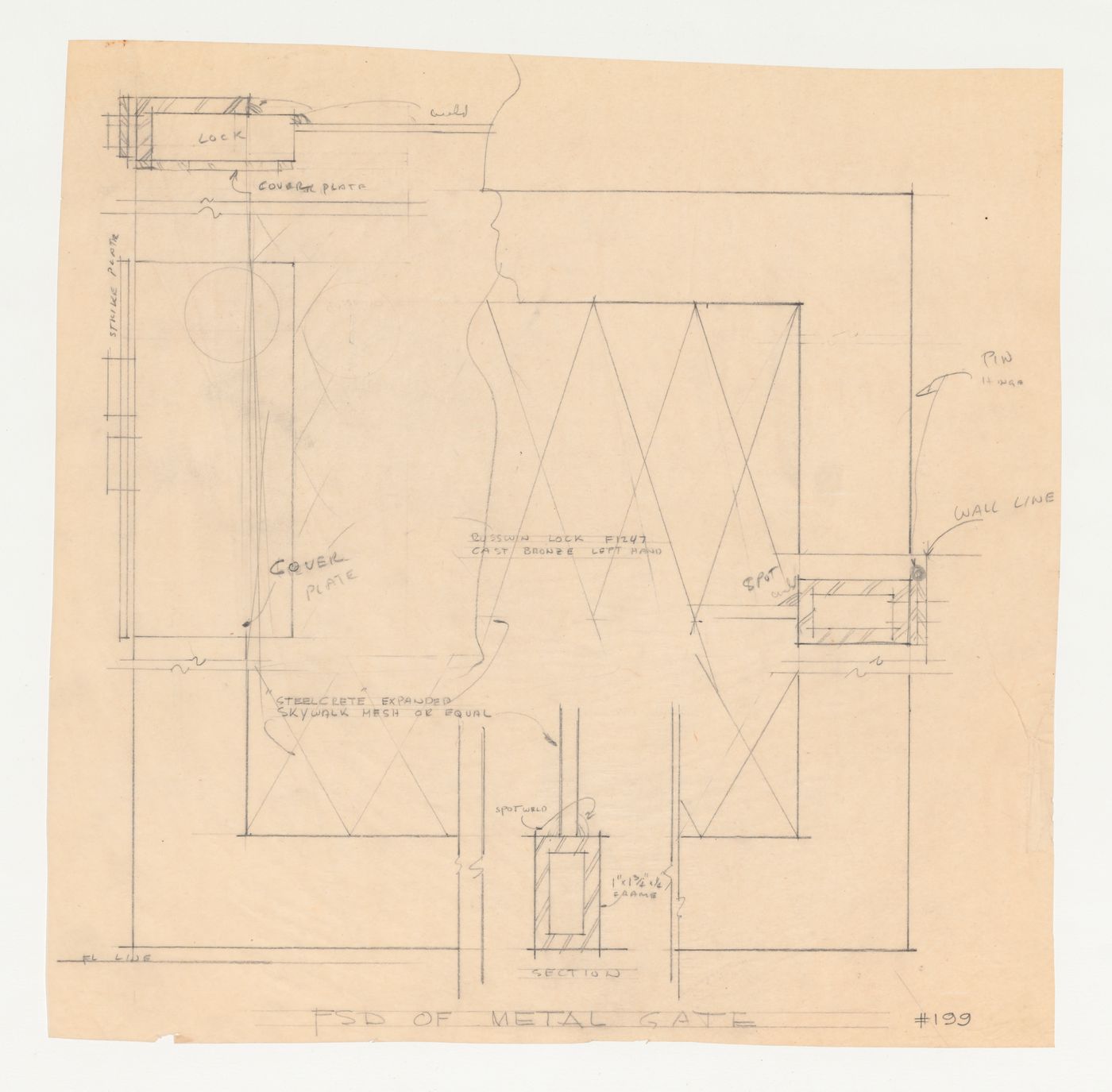 Wayfarers' Chapel, Palos Verdes, California [?]: Full scale partial elevation and section for a metal gate
