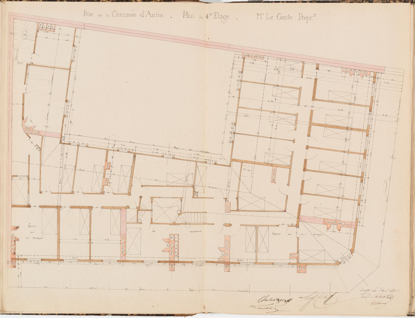 Contract drawing for an apartment house for Monsieur Le Comte, Paris: Plan for the "4e étage"