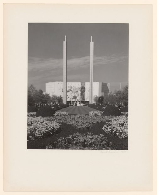 New York World's Fair (1939-1940): View of landscaped Mall, front façade of Maritime, Transportation and Communications Building