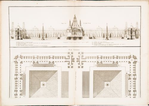 Design by Louis Jean Desprez for a funerary temple in honour of "les cendres des rois et les grands hommes": Sectional elevation and partial plan