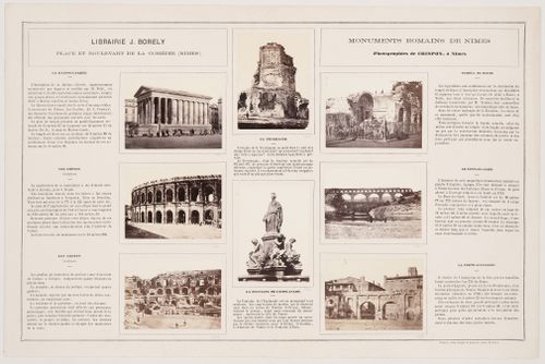 Carton publicitaire de monuments romains, Librairie J. Borely, place et boulevard de la Comédie, Nîmes