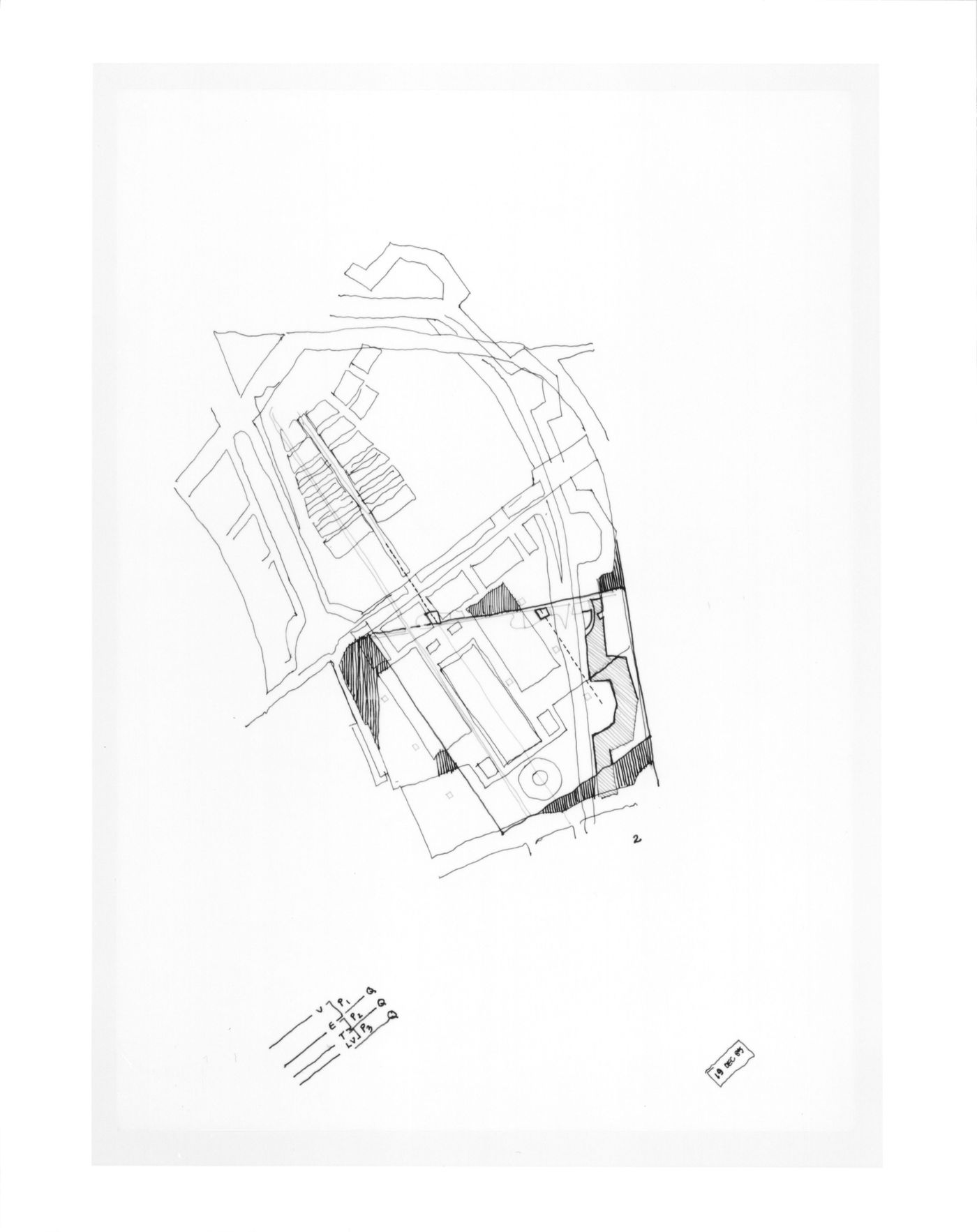 Sketch site plan of nineteenth-century La Villette site with axes generated by two of the proposed sites