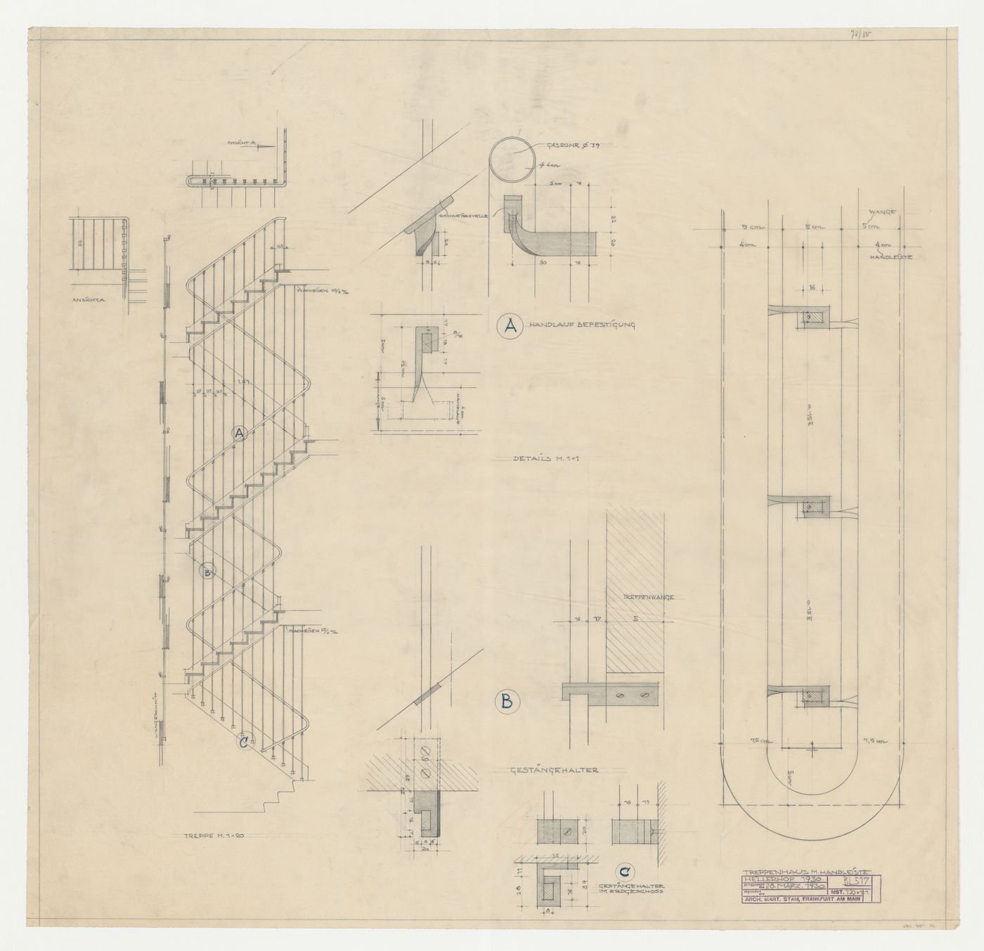 Elevation and removed sections for stairs and handrail, Hellerhof Housing Estate, Frankfurt am Main, Germany