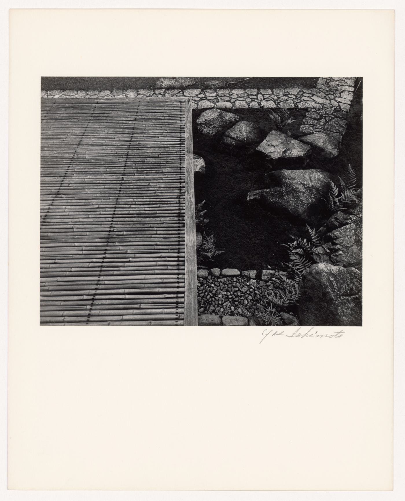 View of paving stones, stepping-stones and a corner of the Moon-viewing Platform, Katsura Rikyu (also known as Katsura Imperial Villa), Kyoto, Japan