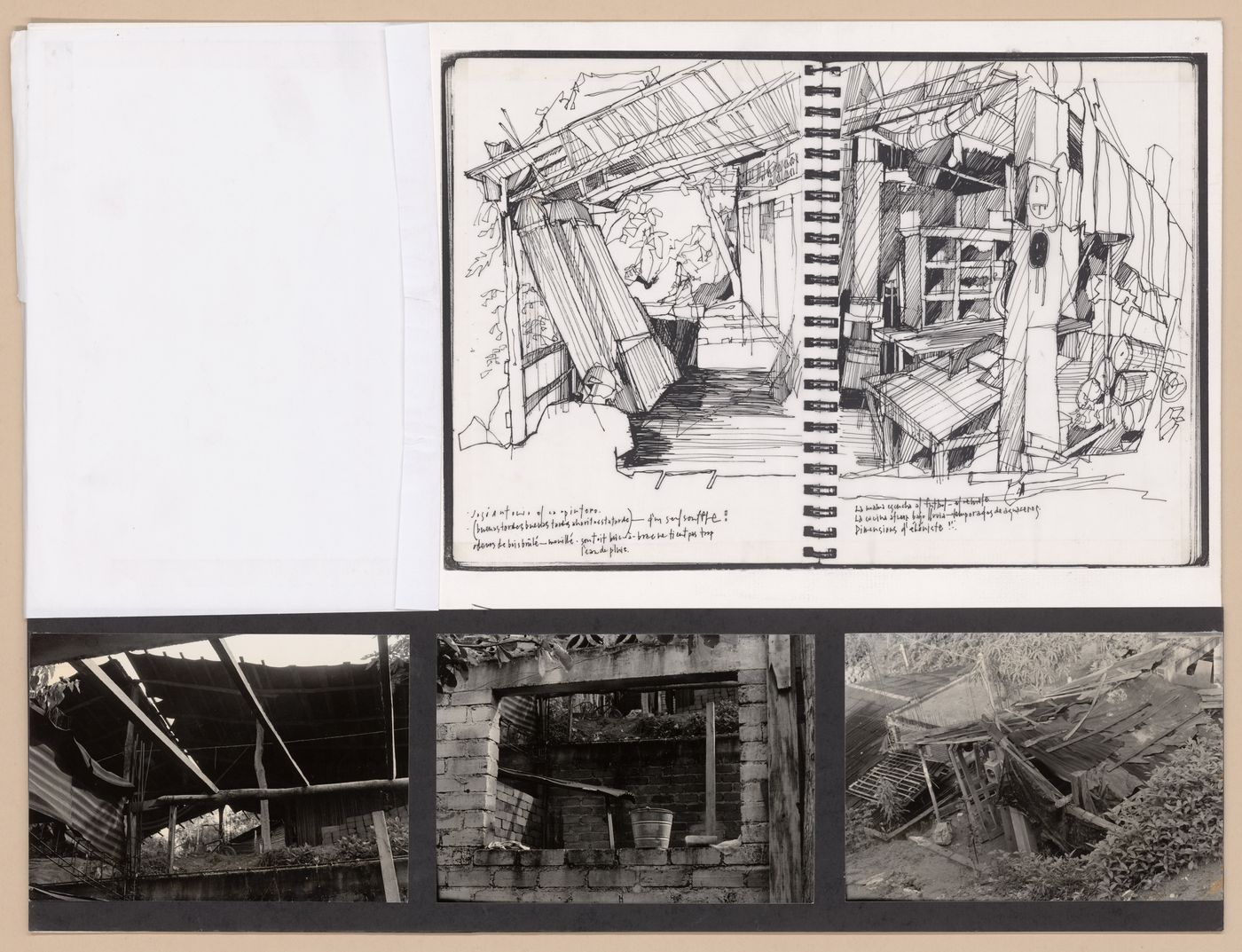 Presentation panel with sketchbook pages, and photographs of a partially destroyed house for the Urban Upgrading project La Esperanza, in Zihuatanejo, Mexico
