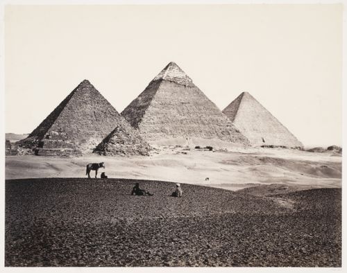 View of the Pyramids of Mycerinus, Chephren and Cheops, figures with horse in foreground, Giza, Egypt