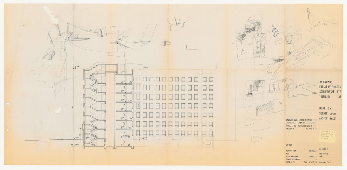 Section with sketches for Edificio de Apartamentos Bonjour Tristesse [Bonjour Tristesse residential complex], Block 121, Berlin, Germany