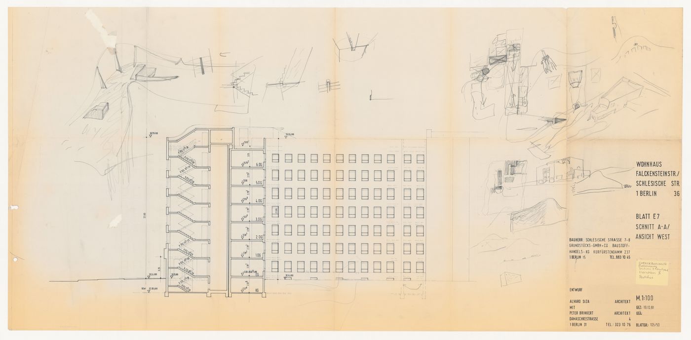 Section with sketches for Edificio de Apartamentos Bonjour Tristesse [Bonjour Tristesse residential complex], Block 121, Berlin, Germany