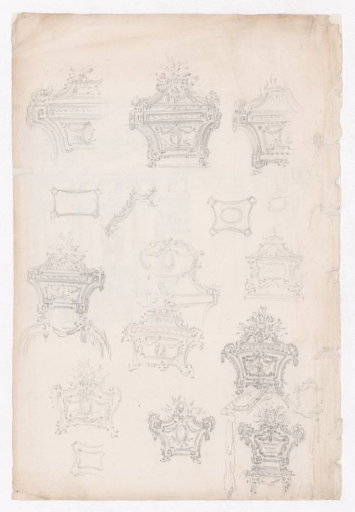 Feuille de croquis avec urnes (recto), élévation partielle d'une façade (verso)