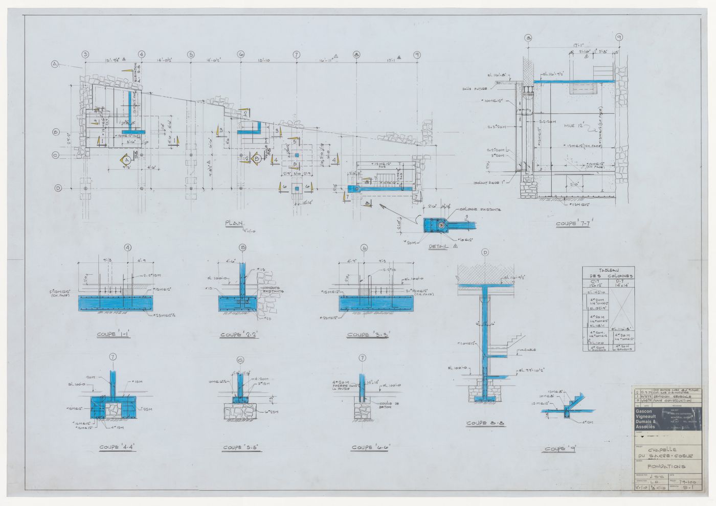 Plan and sections for the foundation for the reconstruction of the Chapelle du Sacré-Coeur, Notre-Dame de Montréal