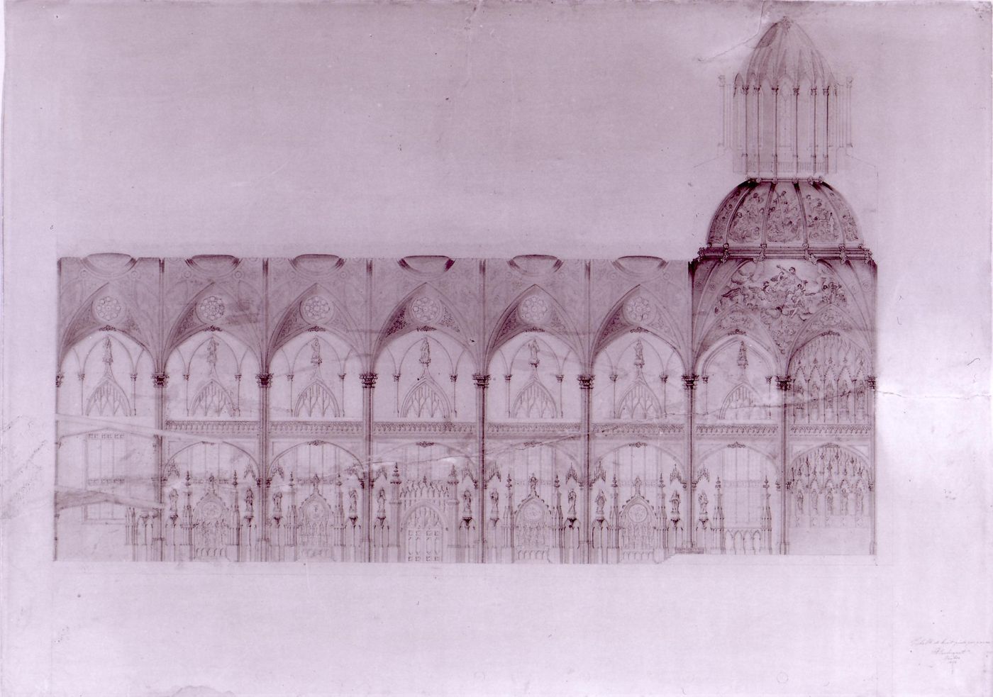 Longitudinal section for the interior design by François-Xavier Berlinguet for Notre-Dame de Montréal