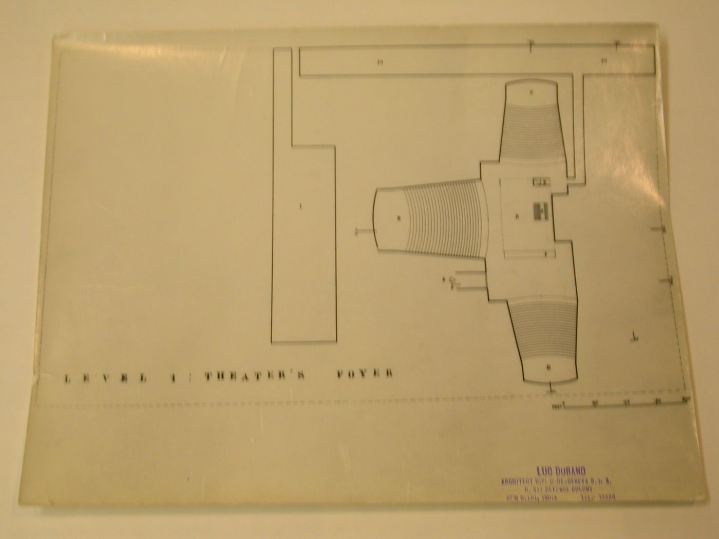 Photographie d'un dessin, Civic Centre, New Delhi, Inde : Plan du foyer du théâtre