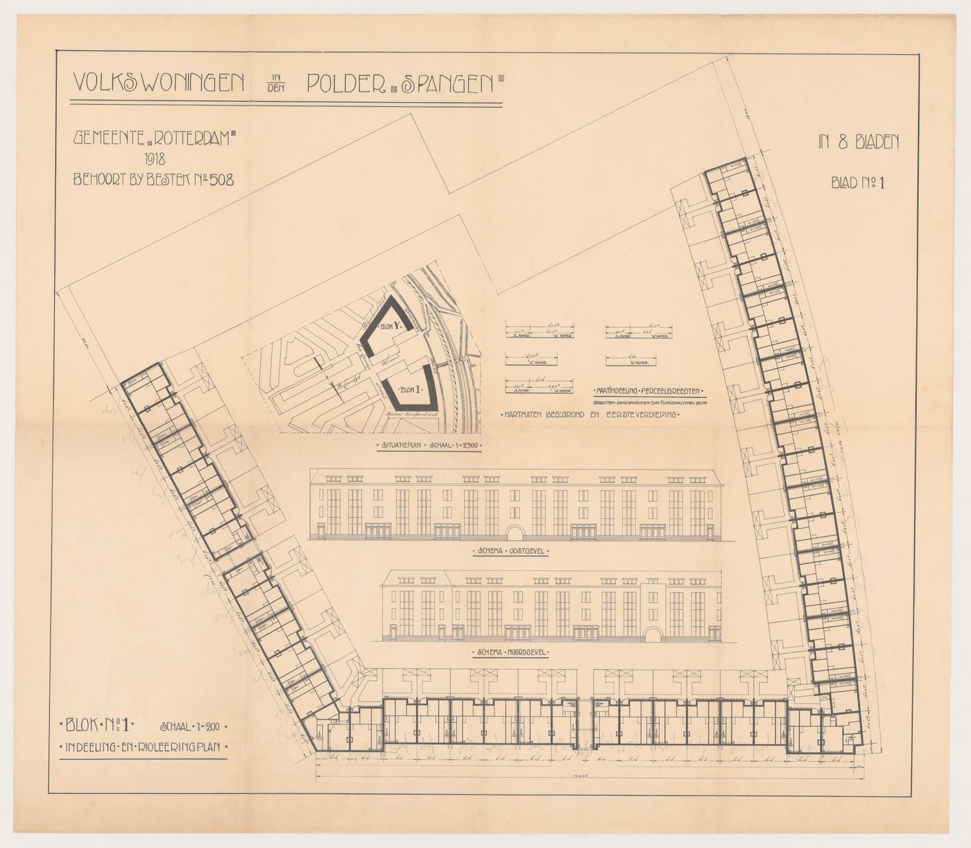 Site plan for Blocks 1 and 5, and ground floor plan and elevations for Block 1, Spangen Housing Estate, Rotterdam, Netherlands