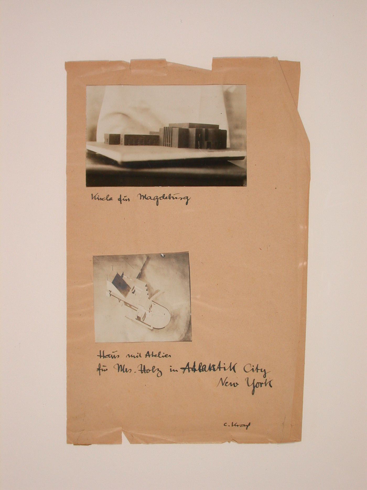Photographs of the models for a building in Magdeburg, Germany and for a workshop for in Atlantic City, United States