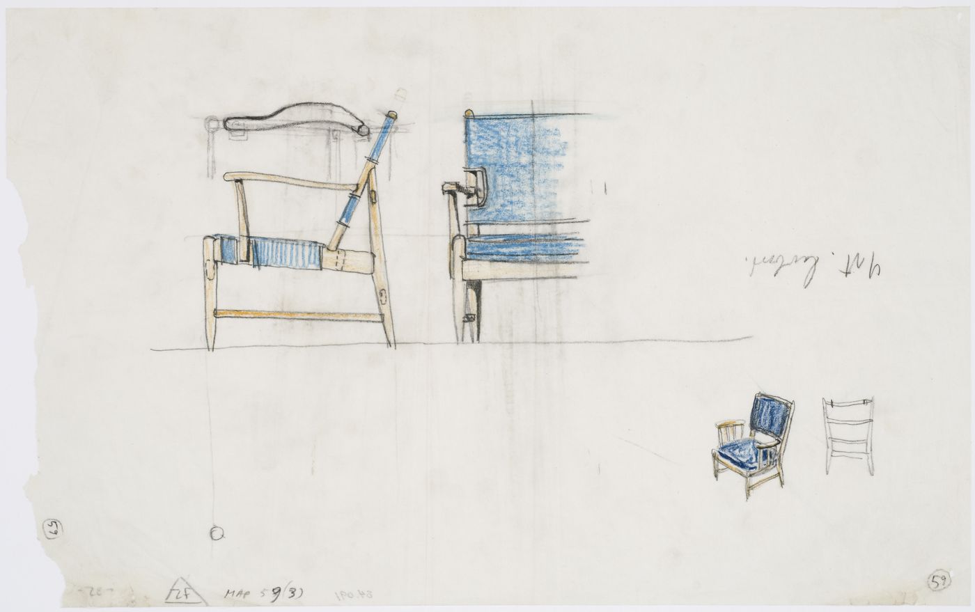 Sketch elevations, partial sketch elevation and sketch perspective for chairs for Göteborg rådhusets tillbyggnad [courthouse annex], Göteborg, Sweden