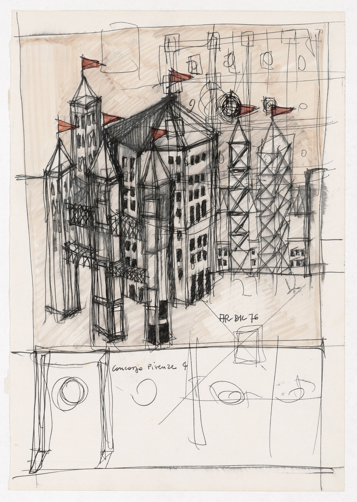 Perspective sketch and sketch plans for Centro Direzionale, Florence