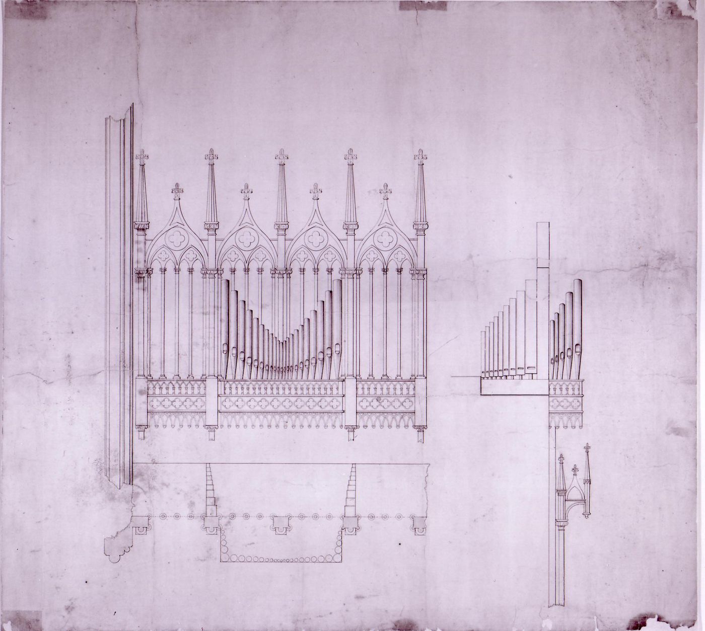 Plan and front and lateral elevations for the organ for the interior design by Bourgeau et Leprohon for Notre-Dame de Montréal