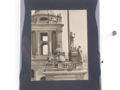 View of the statues and bells above the clock and the Eastern tower of the Catedral de México, Mexico City, Mexico