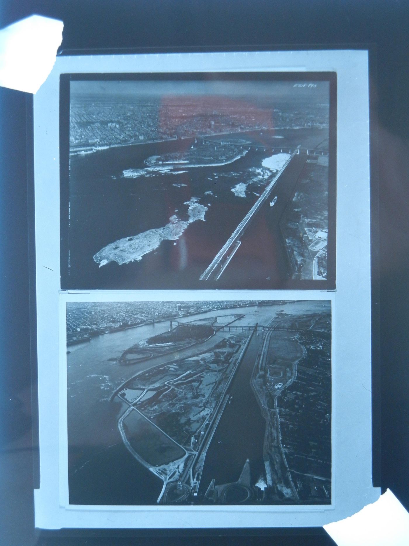 Aerial views of the Île Sainte-Hélène and Île Notre-Dame sites prior and after the enlargement and the creation phases were completed, Expo 67, Montréal, Québec