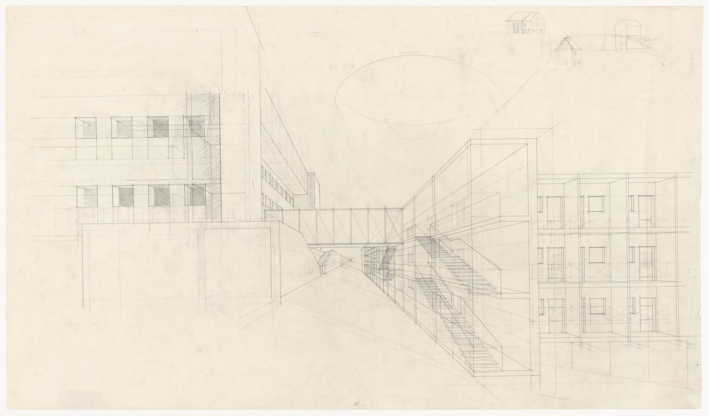 Perspective with sketches for Casa dello studente, Trieste, Italy