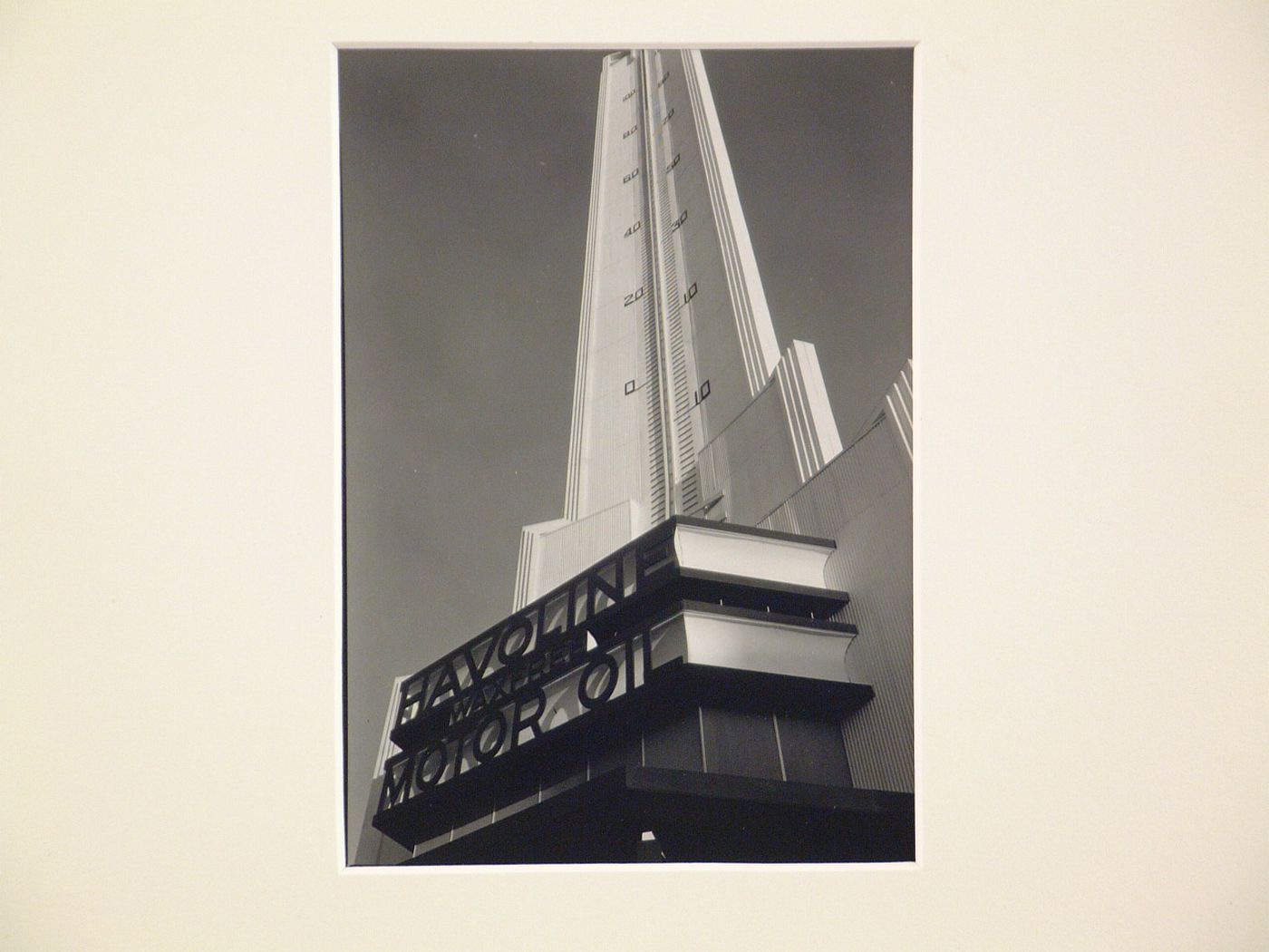 View of the Havoline Thermometer tower from below, Havoline Motor Oil Company exhibition building, 1933-1934 Chicago Century of Progress Exhibition, Burnham Park (now Meigs Field), Chicago, Illinois