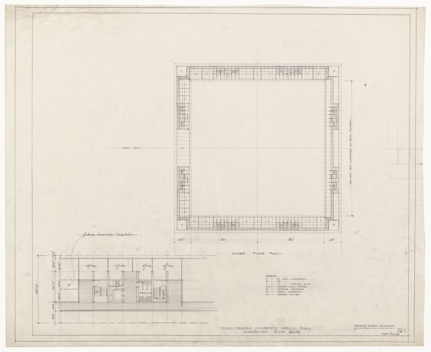 Preliminary floor plans for quadrangle building, Simon Fraser University