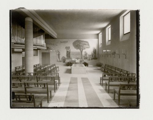 Interior view of the Chapel of Hope showing the altar, pews and a wall mosaic designed by Otte Sköld, Woodland Crematorium and Cemetery, Stockholm