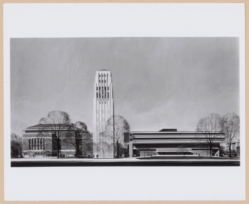 Photograph of a perspective drawing for the Hill Auditorium, the Charles Baird Carillon Tower (also known as the Burton Memorial Tower), and the Modern Languages Building, University of Michigan, Ann Arbor, Michigan
