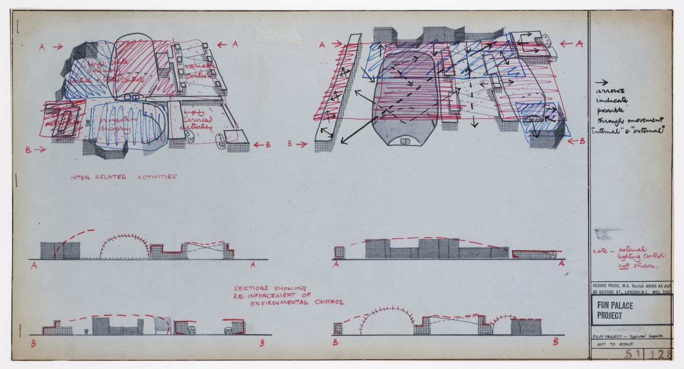 Axonometrics and sections for typical layouts for Fun Palace Pilot Project