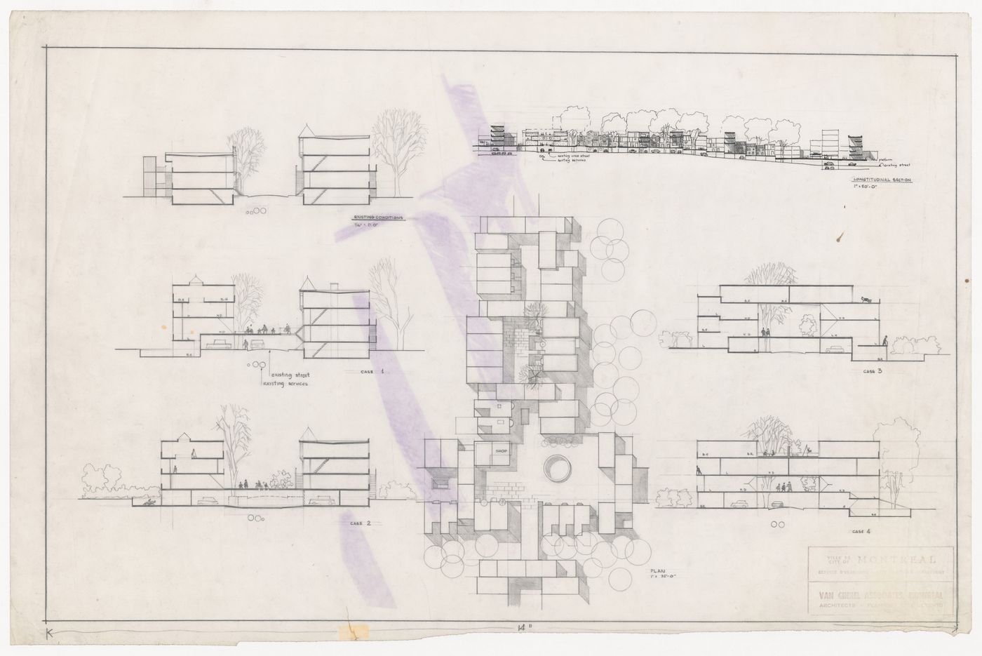 Plan, sections, and elevation for Central Area Circulation, Montreal