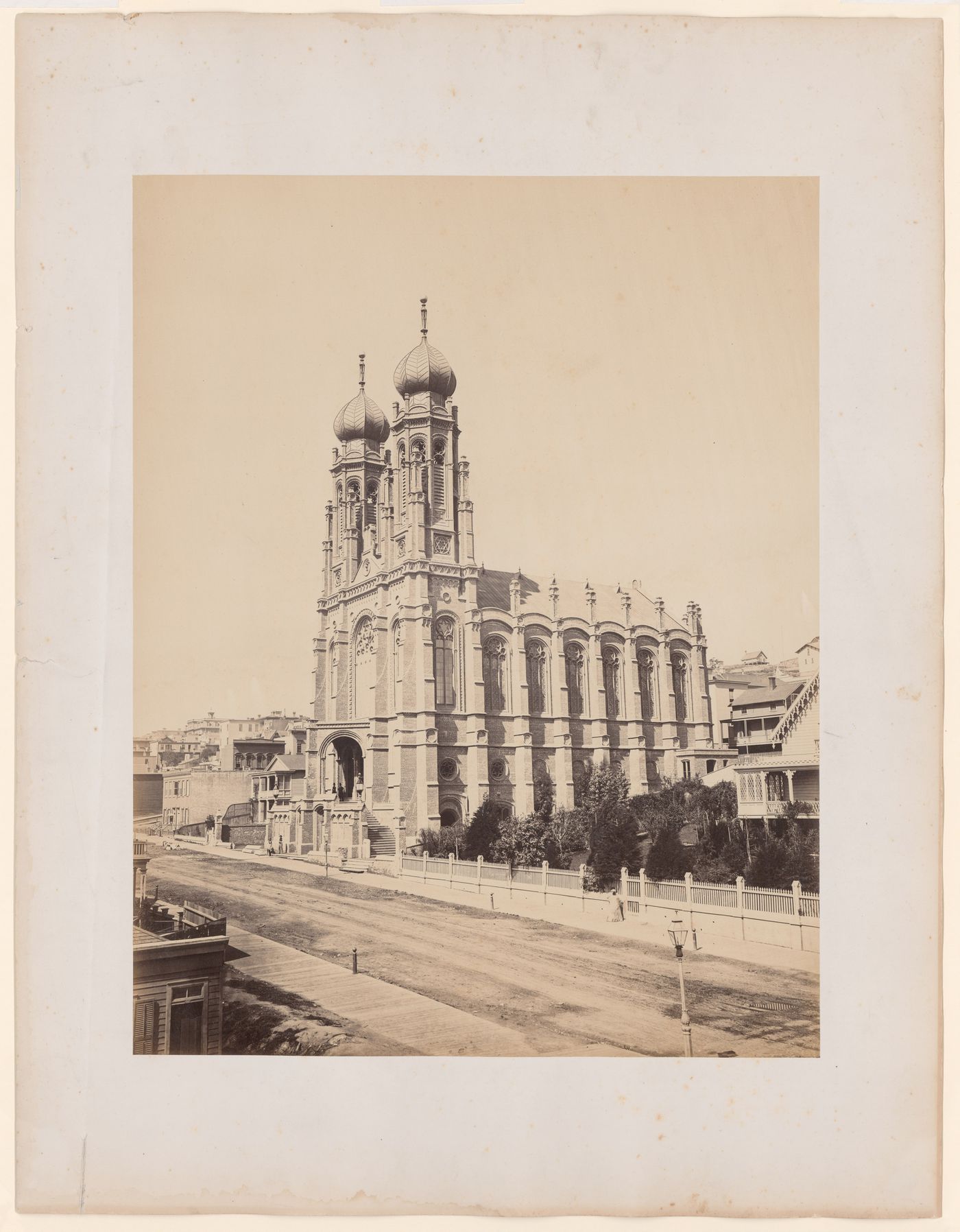 View of Temple Emanu-El and other buildings showing Sutter Street, San Francisco, California