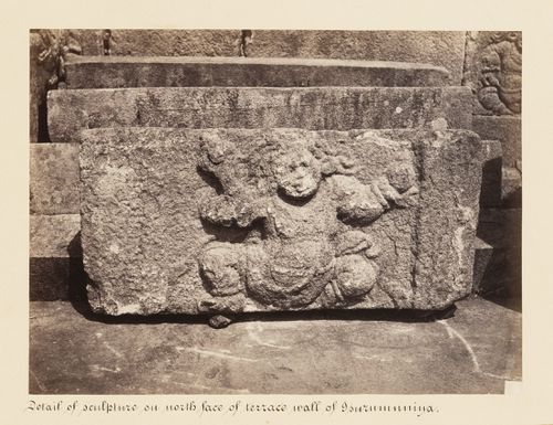 Close-up view of a relief on the north façade of the terrace wall, Isurumuniya Temple, Anuradhapura, Ceylon (now Sri Lanka)
