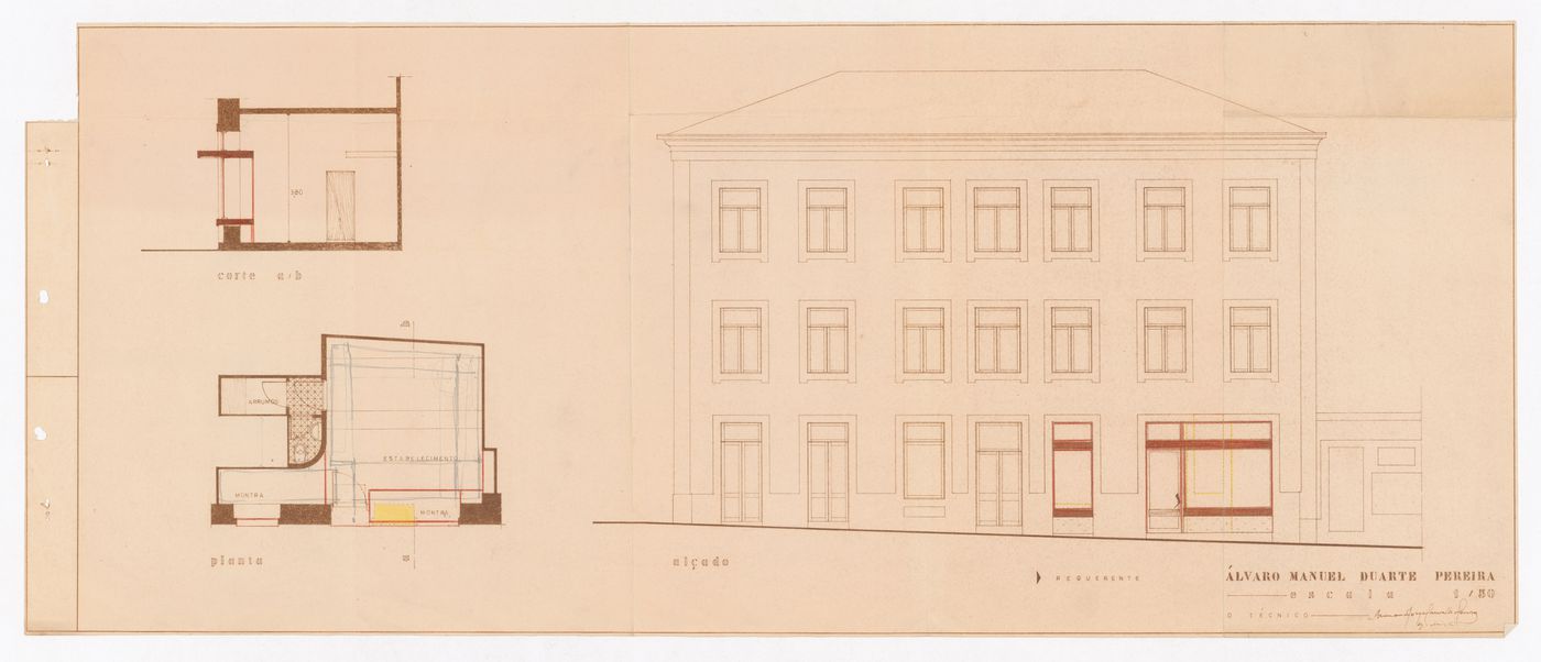 Plan, section, and elevation for Loja Marlã, Matosinhos, Portugal