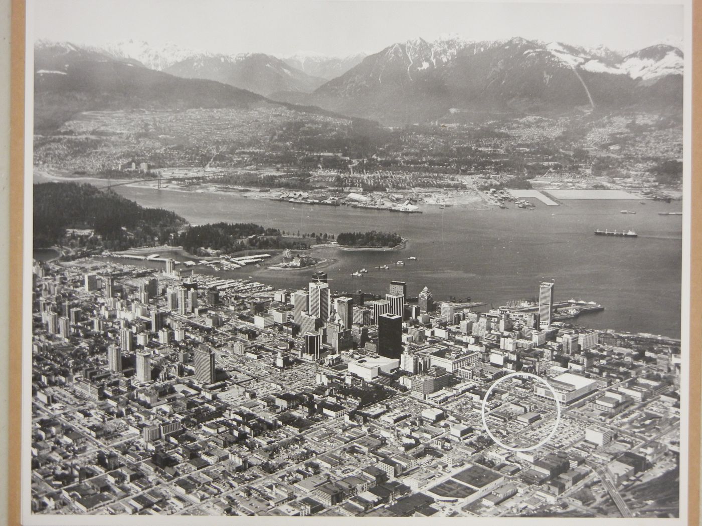 Aerial views of Vancouver showing project site and Government of Canada Building